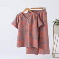Spring/Summer Thin Cotton Double Layer Gauze Womens Pajamas V-neck Short Sleeve Capri Pants Retro Wo