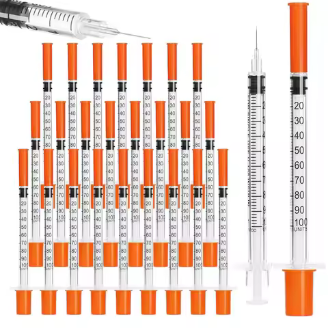 100Pcs 1ml Sterile Insulin Syringe, Individually Wrapped Plastic Syringe for Pet Veterinary Lab Indu