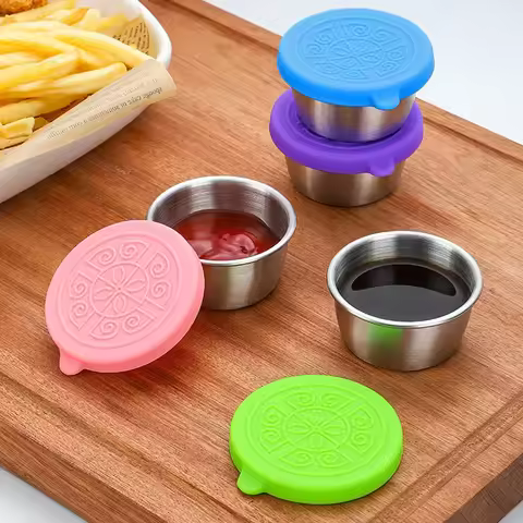 Reusable Condiment Containers Stainless Steel Sauce Cup With Silicone Lids 1.7oz Salad Dressing Cont