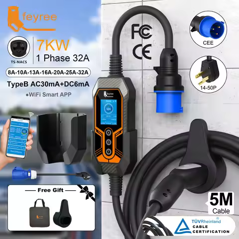feyree EV Charger TS-NACS Socket 32A 7KW APP Control EVSE Portable Charger Box Holder Adapter Gift f
