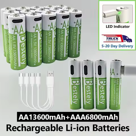 Rechargeable 1.5 Volt Li-ion Batteries AA LR6 13600mAh & AAA LR03 6800mAh USB Type C Charging Low Se