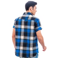 camel active Men Short Sleeve Shirt in Regular Fit with Shirt Collar in Navy Blue Cotton Slub Check 102-SS24H1821