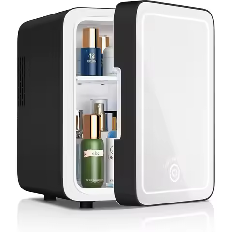 Makeup Fridge with Dimmable LED Mirror, 4L Mini Fridge for Bedroom Car Office, Cooler & Warmer, Port