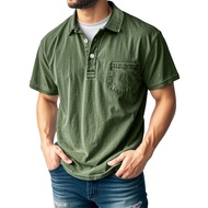 Men Distressed Lapel T-Shirt Short Sleeve Casual Tee Shirt Summer Button Up Collar T-Shirt with Pock