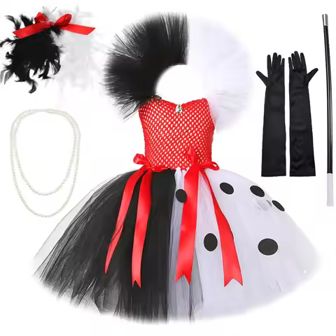 Cruella Deville Girls Costume Kids Black White Dalmatians Tutu Dress for Girls Halloween Carnival Pa