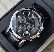 EMPORIO ARMANI 黑色錶盤 黑色皮革錶帶 石英 三眼計時 男士手錶 AR2447