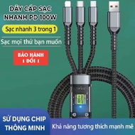 100W 3-Head Fast Charging Cable - WITH SCREEN - 3-in-1 Anti-break, Anti-Tangle Charging Cord. 3 in 1