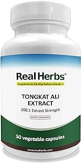 Real Herbs Tongkat Ali Extract 400mg - 200 to 1 Extract Strength - Also Known As Longjack or Eurycoma Longifolia - 50 Vegetarian Capsules of Root Powder - Gluten Free