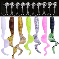 10Pcs Spinning Tail Soft Plastic Lure+4Pcs 5g Lead Head Jig Hook SP Fishing Baits Umpan Geli-Geli Ca