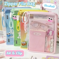 Zipper File Bag With Clip 2in1 A4 Portable File Folder Transparent Handle Storage Bag Organizer