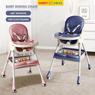 Foldable Baby Dining Chair High-Low Table With Wheels Food Tray Easy To Move