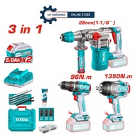 Total 3 Pcs Brushless Combo Impact Wrench 1350Nm + Rotary Hammer 28mm + Impact Drill 96Nm TOSLI26028