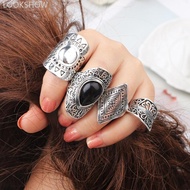 LOOKSHOW 4Pcs/Set Vintage Silver Gypsy Boho Ethnic Ring Hollow Carved Gem Diamond Midi Knuckle Rings