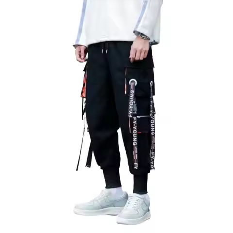 Fashion Big Pocket Men's Cargo Pants Japan Harajuku Design Black Punk Pants for Men Rapper Stylish R