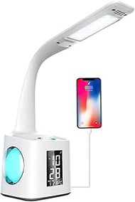 Tiffany style，Multicolored Glass LED Desk Lamp with USB Charging Port, Night Atmosphere Lamp, Alarm Clock, Pen Holder, Calendar, 3-Level Dimmer Eye-Caring Table Lamp for Study/Read/Office Wedding Room