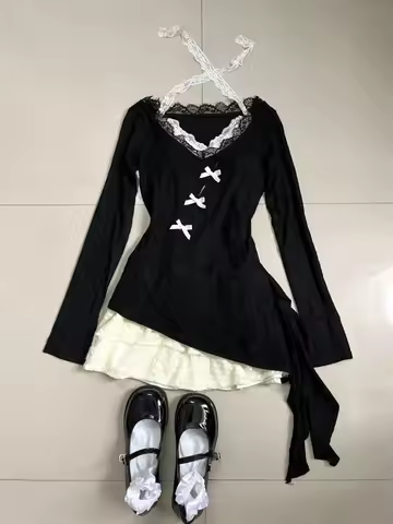 Summer Women Y2k Shoujo Girl 2000s Kpop Korean Outfits 2 Piece Set Long Sleeve Tops + Coquette Balle