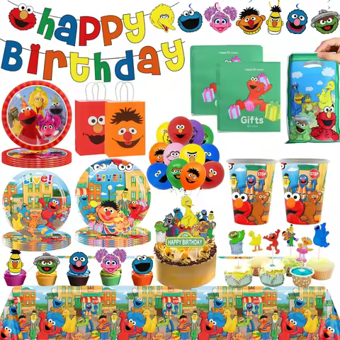 Sesame Cartoon Street Birthday Party Decoration Elmo Birthday Balloon Tablecloth Cup Plate Gift Bag 