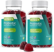 Probiotics Plus Prebiotics Fiber Gummies, Extra Strength 2 Billion CFUs for Immune Support and Digestive Support, Dualbiotic Vegan and Pectin Chewable Gummy, for Men Woman Teens &amp; Kids, Berry Flavor