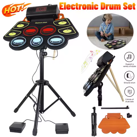 Electronic Drum Set With Drum Sticks Pedals Music Drums 9 Pad Roll-Up Drum Musical Electronic Drums 