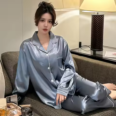 New Ladies Two-Piece Pajamas Casual Simulation Silk Homewear Spring And Autumn Summer Homewear Ice S