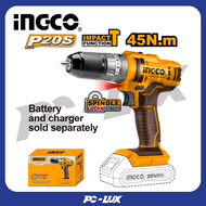 INGCO ชุดสว่านกระแทกไร้สาย แบตเตอรี่ 20 V ไม่รวมแบตและที่ชาร์จ CIDLI201455