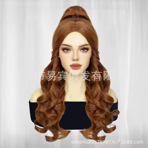 Halloween Women Princess Belle Ponytail Wig Stage Role Play Brown Hair Buch Pony-tail Belle Wig Cost