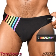 กางเกงว่ายน้ำชาย ทรงสุภาพ Andrew Christian Swim Pride - California Collection Pride Bikini w/ Rainbow Charm - BLACK by TonyJocks กางเกงว่ายน้ำชาย สีดำ แถบรุ้ง กางเกงในว่ายน้ำ กางเกงเล่นน้ำ