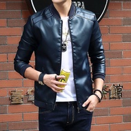 2022 Jaket Kulit Lelaki Baharu Fit Slim Fit Kolar Pendirian Motosikal Lelaki Jaket Kulit PU Kot Kasu