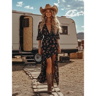 [Ready Stock Fast Shipping] European Size Western Pastoral Style Long-Sleeved Floral Narrow-Waisted 