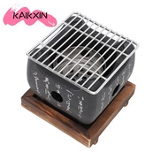 KAIKXIN Japanese Charcoal Grill, Cast Metal Black Hibachi Grill, Durable Non Stick Wooden Tray Heat 