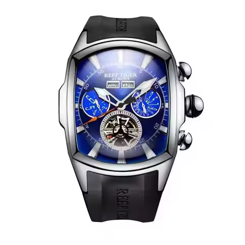 Reef Tiger Men's Tonneau-Shaped Automatic Watch 316L Stainless Steel Water-Resistant Luminous Stylis