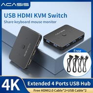 ACASIS USB HDMI KVM Switch 2 in 1 out 4K60Hz HDMI Switcher and Extended 4 Ports USB3.0 Hub Manual Sharing Box with USB Cables HDMI 2.0 Cables for Computer PC Laptop Desktop Monitor TV Printer Keyboard Mouse Control