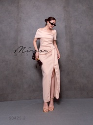 🔖Mirrorsister 50425.2 เดรสออกงาน คอเหลี่ยมเอียง ข้างนึงแขนสั้นอีกฝั่งเอาขึ้นไหล่ได้หรือทำเป็นปาดไหล่