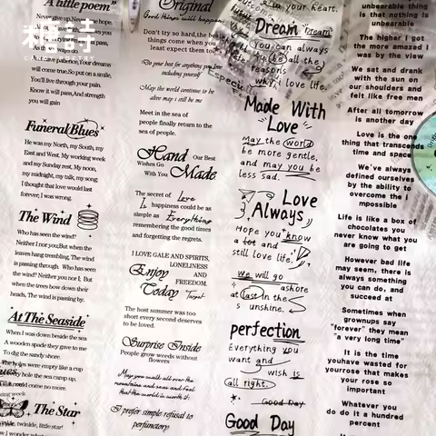 Retro English Phrase Washi Tape Stickers PET Junk Journal Ephemera Poem Letter Masking Tape Stickers
