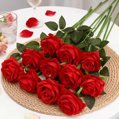 10Pcs Red Fake Roses Artificial Flowers, Fake Artificial Roses Silk Flowers with Stems for Home Wedd