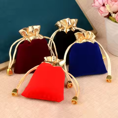 25pcs/Lot Golden Color Edge Drawstring Gift Velvet Bags 7X9 9X12 12X16cm Christmas Wedding Jewelry P