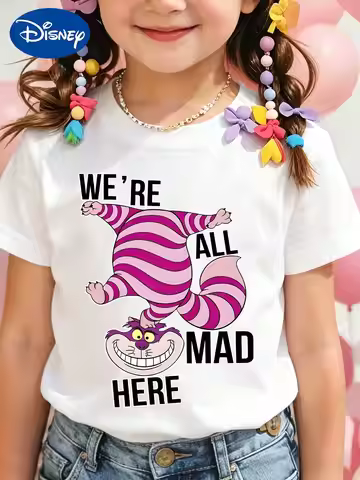 Disney Alice in Wonderland Cheshire Cat WE'RE ALL MAD HERE Short-Sleeve Children's T-Shirt, Summer G