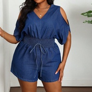 Plus Size Women Denim Jumpsuit, Casual Short Sleeve Jumpsuit, Blue Summer Summer Outfits For Women V