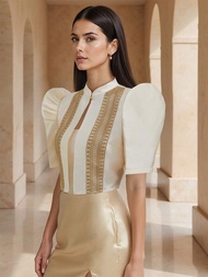 Amyenjoylife Áo Bolero filipiniana hiện đại áo tay áo bong bóng Áo Len Ngắn Tay chắp vá thanh lịch m