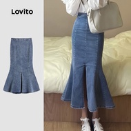 Lovito Elegant Denim Skirts Leisure Simple Blue Denim Skirts for Women LNA130028 Lovito  Skirt Denim