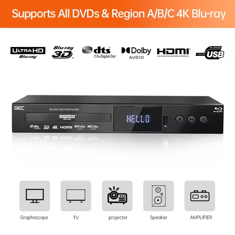 GIEC G5300 4KUHD Blu ray Player DVD/VCD/CD Player all region Support Dolby Vision Dolby Panoramic So