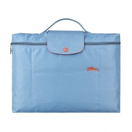 【LONGCHAMP】 COLLECTION系列刺繡LOGO尼龍摺疊款手提公事包(霧藍x橘)#新春精品