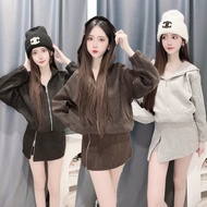 2277 Woolen Large Version Zipper Jacket+Pants Skirt Suit Hooded Long Jacket Modeling Slit A-Line Pan