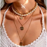 YX Bold Coin Gem Pearl 4 Layer Y2K Necklace Statement Jewelry for Women Girls Trendy Aesthetic Gift 
