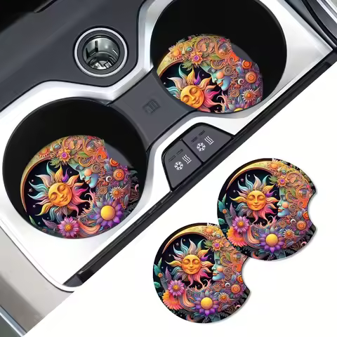 2Pc Color Sun With Moon Foam Coaster Absorbent Car Drink Use Coaster Car Coaster For Internal Bracke