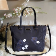 Kate Spade Classic Medium Dawn Satchel Two Zip and Tab Closure Nylon Bag - Black Gumamela Flower Print Women's Tote Bag with Sling