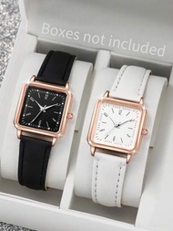 女性皮革錶帶時尚簡約方形錶盤數字石英手錶(2入組)