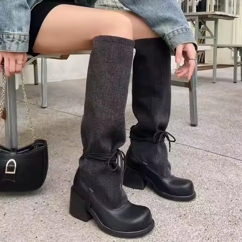 Black Long Tube Boot Women's Buckle Slimming Large 6.5cm Thick Heel Rubber Outsole Microfiber Bootie