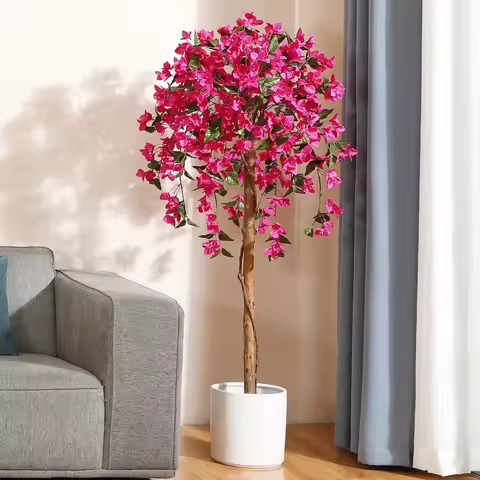 5 feet Artificial Bougainvillea Flowers Tree In Black Plastic Pot, Indoor Plants with Wood Trunk and
