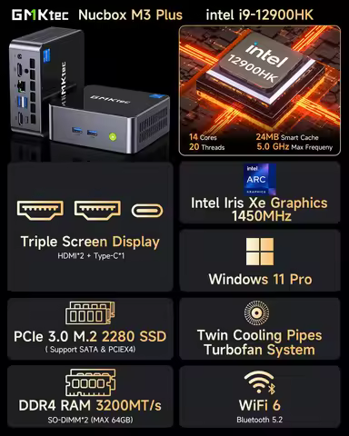 GMKtec NucBox M3 Plus Mini PC 12th Core i9-12900HK Windows 11 Pro DDR4 NVEM SSD WIFI6 BT5.2